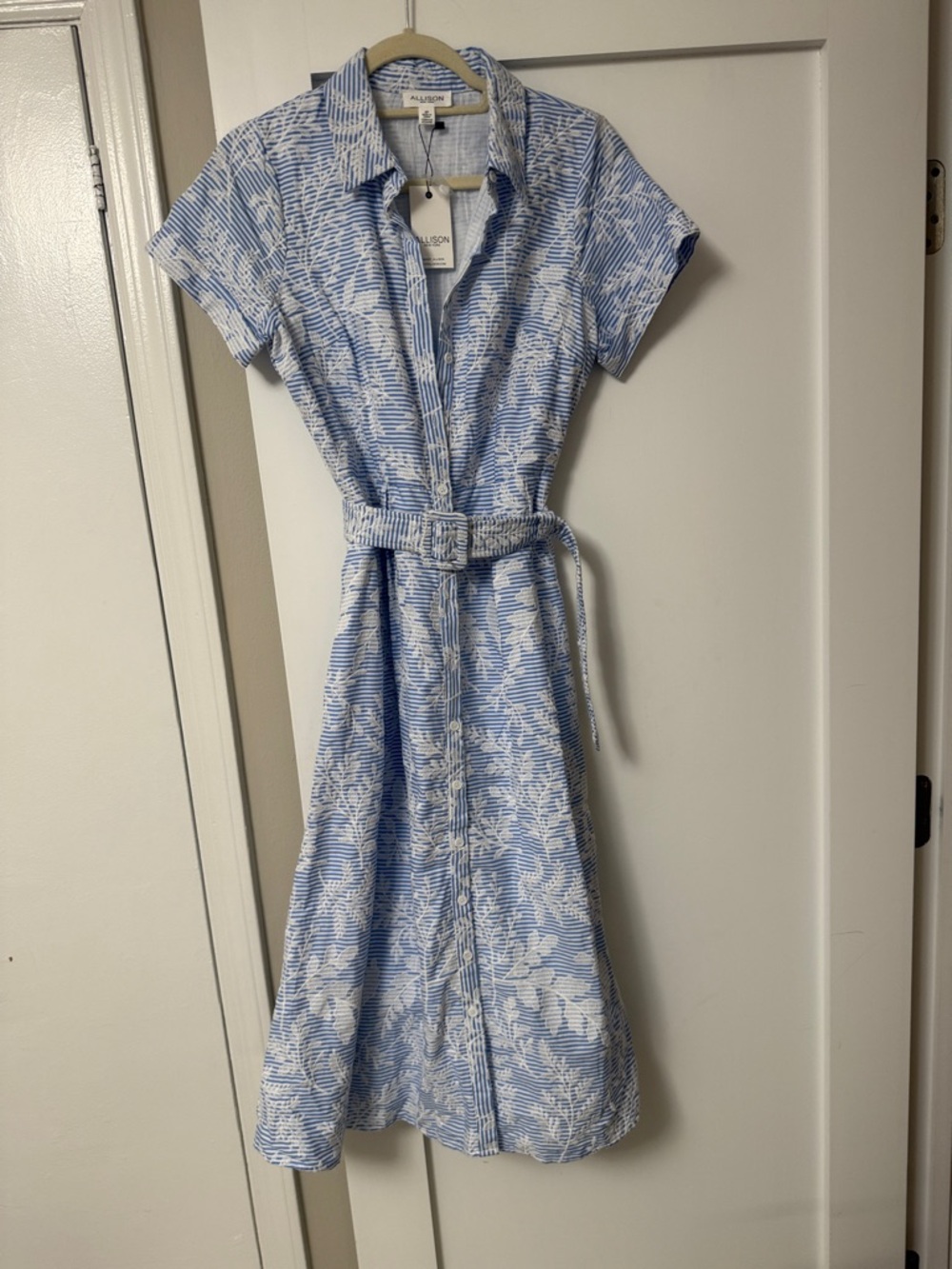 Blue & White Floral Midi Shirt Dress with Waist Tie
